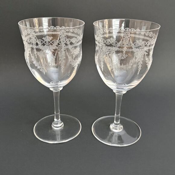 Czechoslovakia Other - Set of 2 Antique Vintage Needle Etched Water Glass Crystal Cascade Czc1 1920s